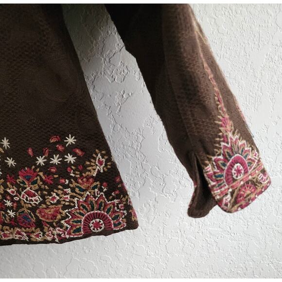 Jacket-Coldwater Creek-Brown-Suede Look-Embroidery-Long Sleeves-Button Up-Sz 12 - Picture 5 of 16